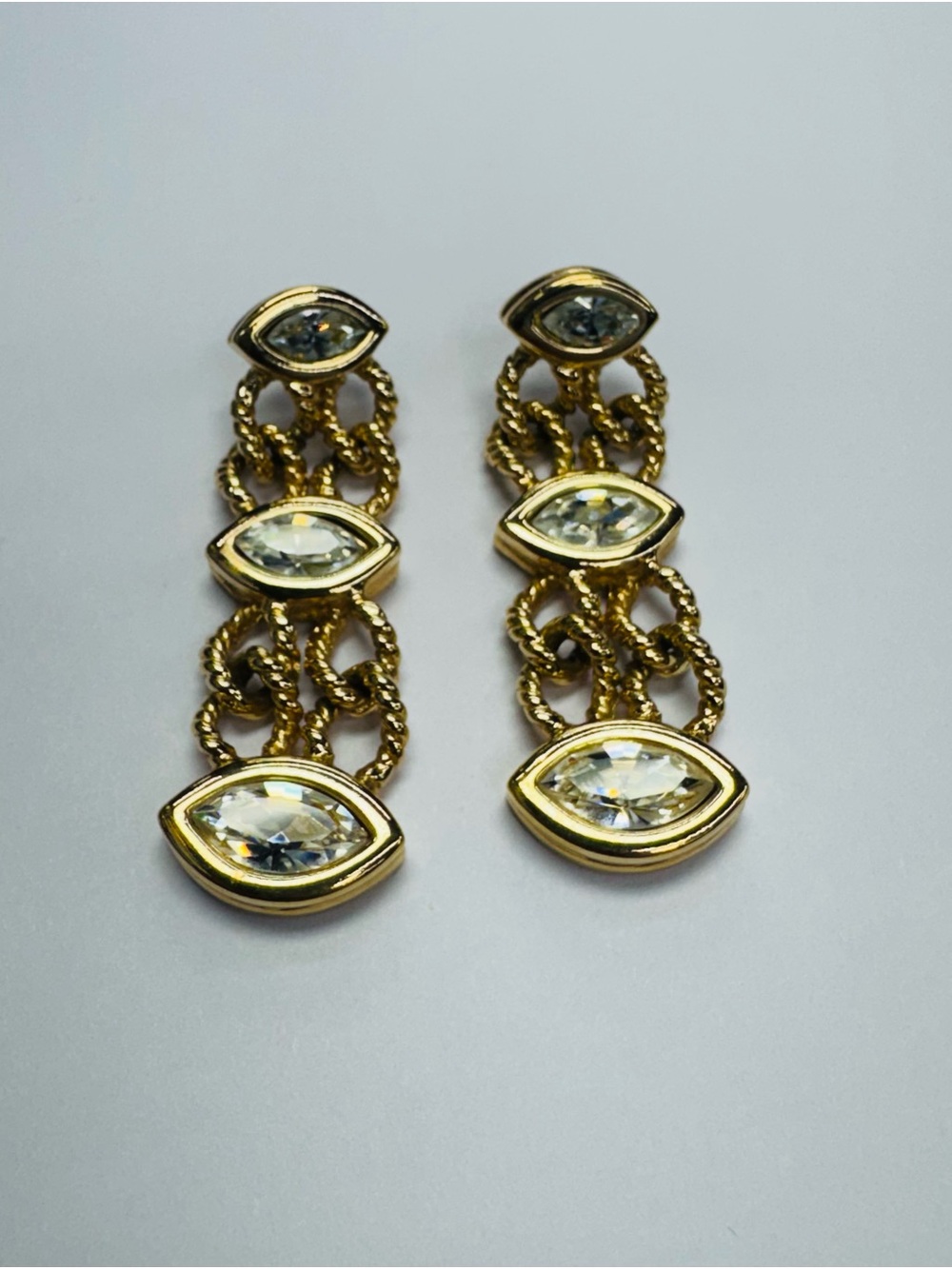 Vintage Swarovski Gold Tone Marquise Crystal Dangle Drop Earrings